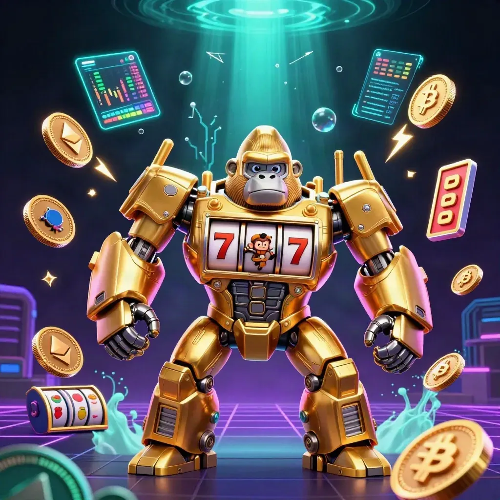Golden gorilla mech with monkey pilot, reels, crypto coins, neon casino effects
