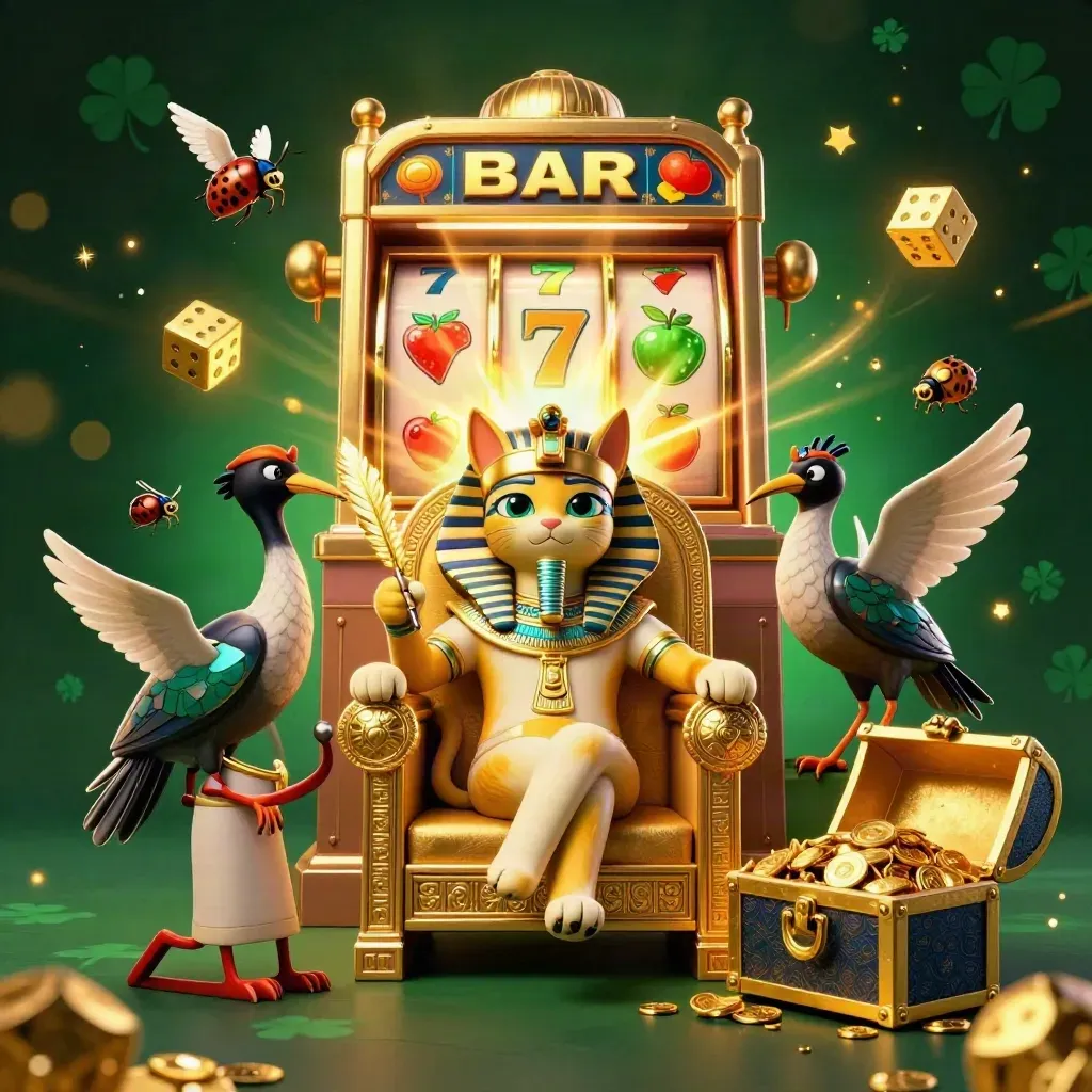 Pharaoh cat on a golden throne with ibis scribe, scarabs, slot machine burst, gold coins, emerald casino glow