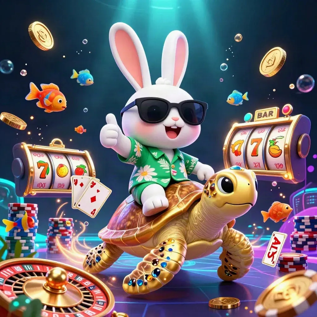 Lucky rabbit rides a golden turtle amid chips, cards, coins, roulette wheel, and neon underwater glow.
