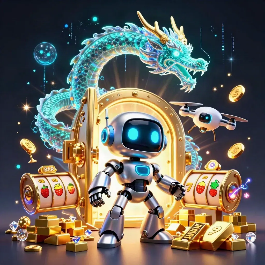 Robot, holographic dragon, and coin drone bursting from a golden vault in casino fantasy style.
