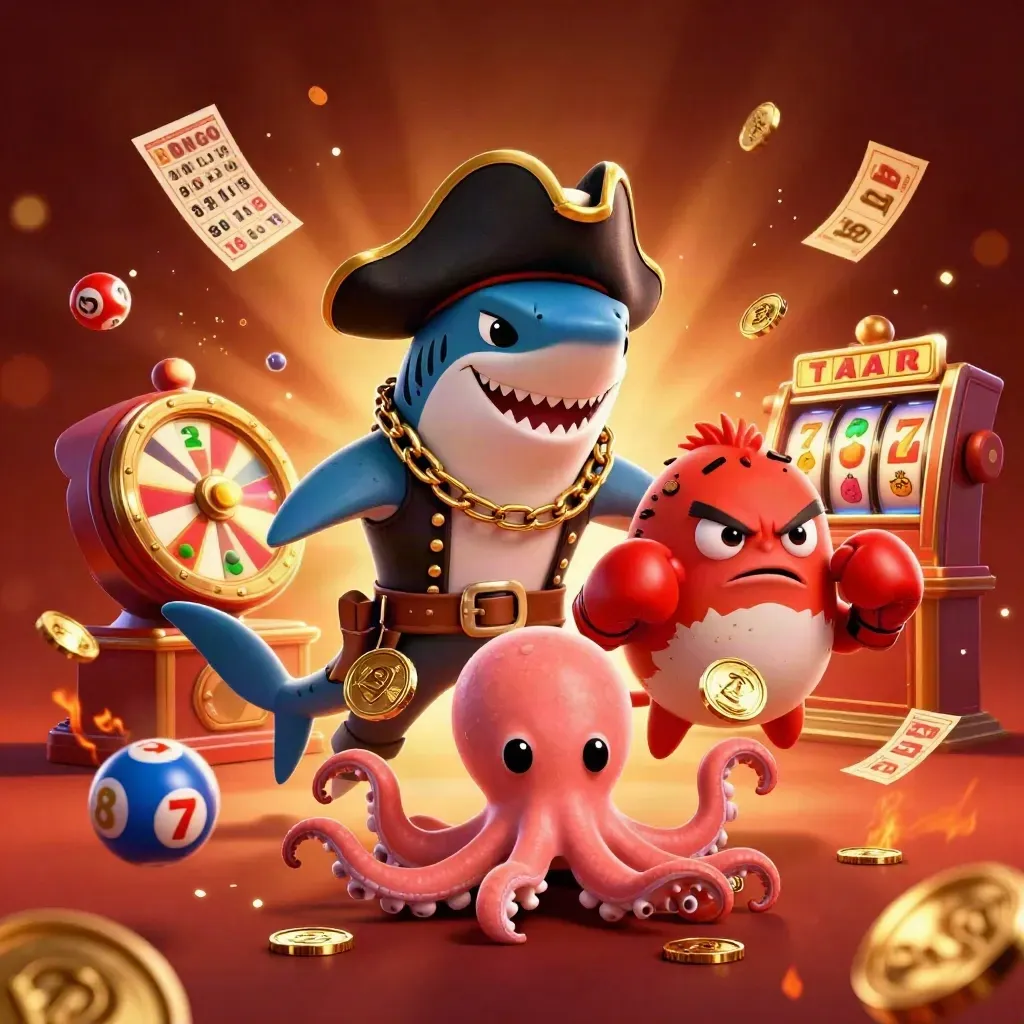 Pirate shark, boxing pufferfish, and juggling octopus amid casino winnings and glowing gold effects