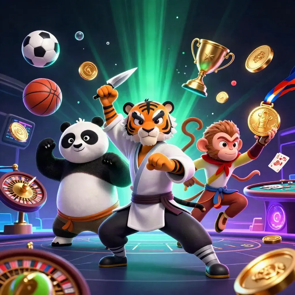 Tiger, panda, and monkey in a neon casino action scene with balls, coins, and a roulette wheel.