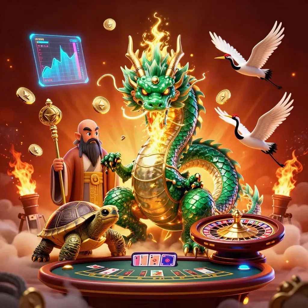 Emerald dragon, turtle sage, cranes, casino chips, coins, and fiery neon effects in a square key art scene.
