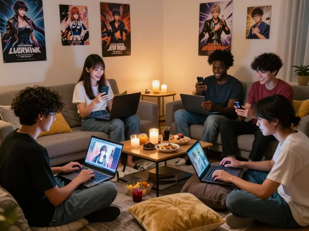 Group enjoying porngames in a cozy living room, surrounded by snacks and soft lighting.