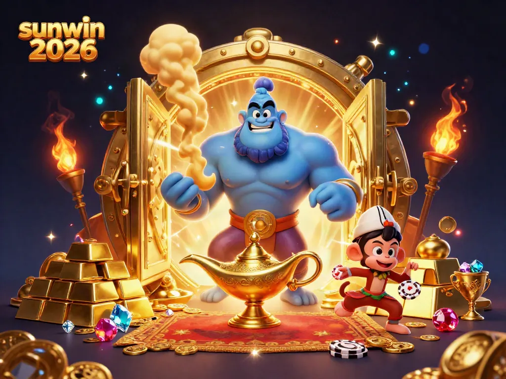 Experience the excitement of sunwin 2026 with a vibrant casino scene featuring a genie and treasures!