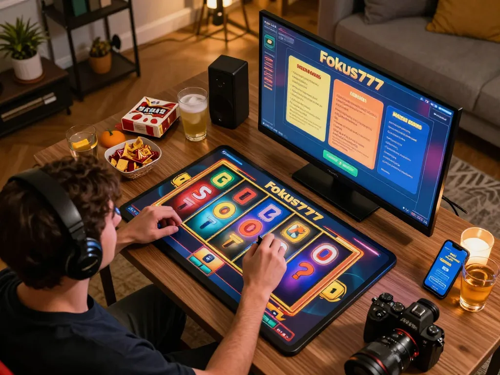Engaging in Fokus777 online slots gameplay with vibrant reels and cozy home setup