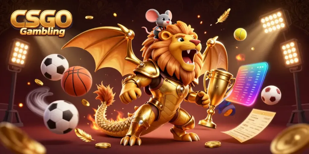 CSGO Gambling illustration showcasing a dynamic scene with a golden armored chimera, sports elements, and vibrant gold coins.