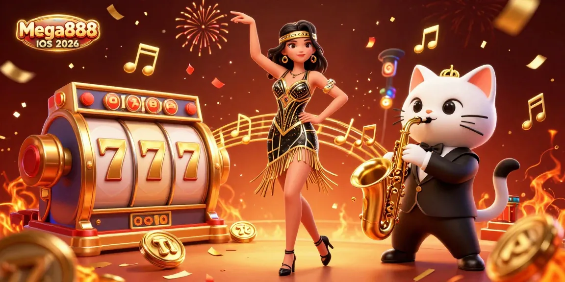 Mega888 iOS 2026 showcases a vibrant scene with a dancing flapper and a saxophone cat, featuring spinning slot reels and festive elements.