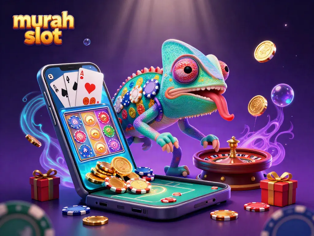Gambar ilustrasi 3D menampilkan karakter chameleon kasino warna-warni dan elemen permainan murah slot yang berkilau.
