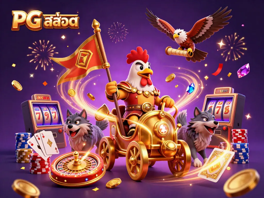 Experience thrilling PG สล็อต action with a cartoon rooster warlord, golden coins, and spinning roulette.