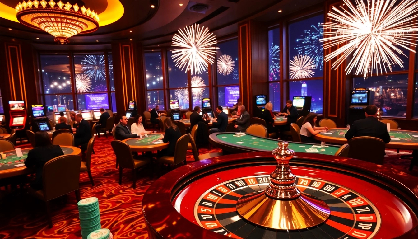 Excited players enjoying a game at BRO138's casino table during New Year's celebrations.