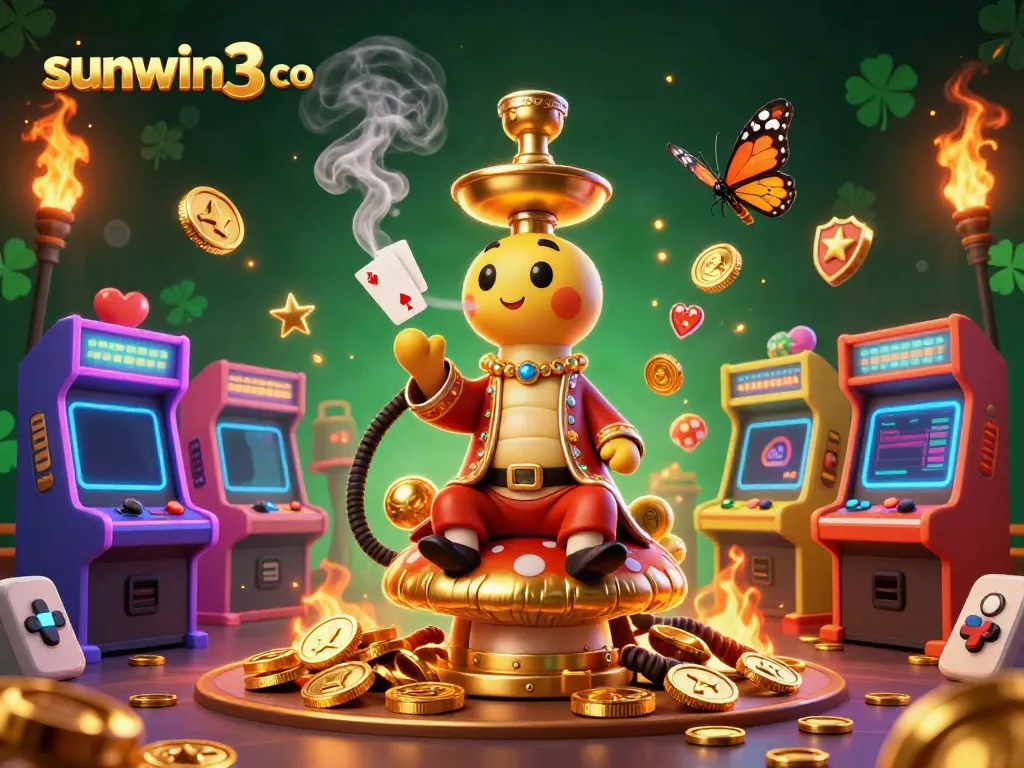Experience the magic of sunwin3 co with a vibrant 3D casino scene, featuring dynamic gaming elements and a unique caterpillar character.