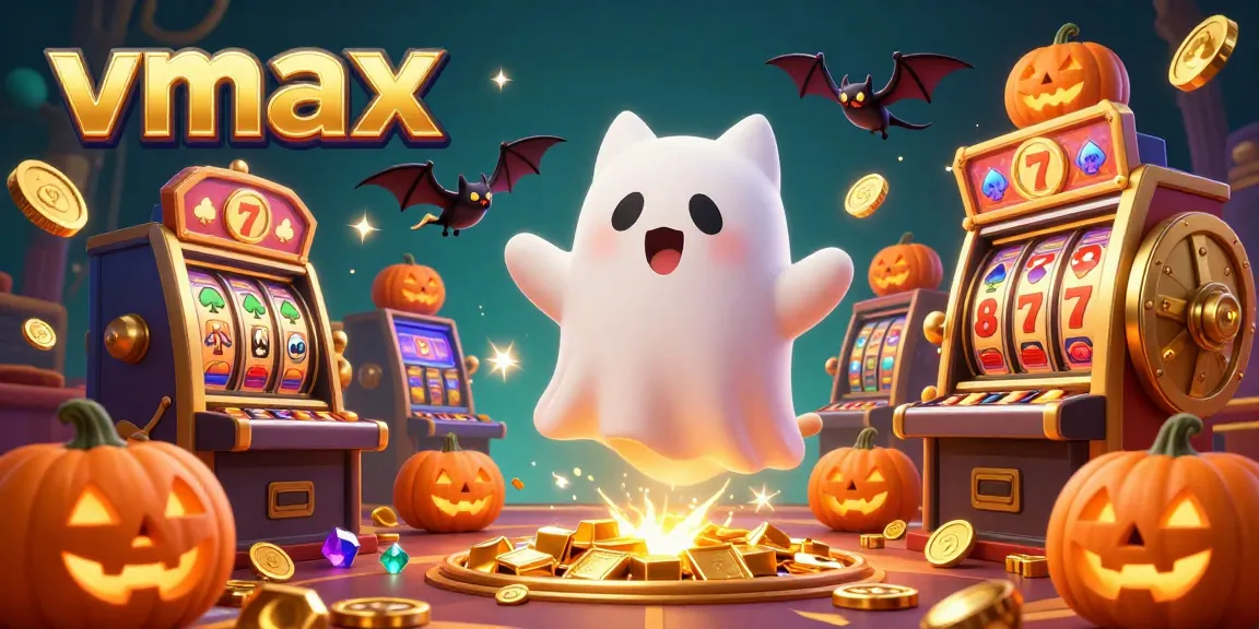 Experience thrilling gameplay at vmax, with a ghost cat and bat amidst slots and jackpots!