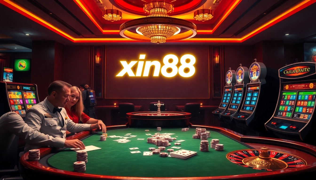 Players engaged in thrilling games at the xin88 casino, showcasing excitement and luxury in gambling.