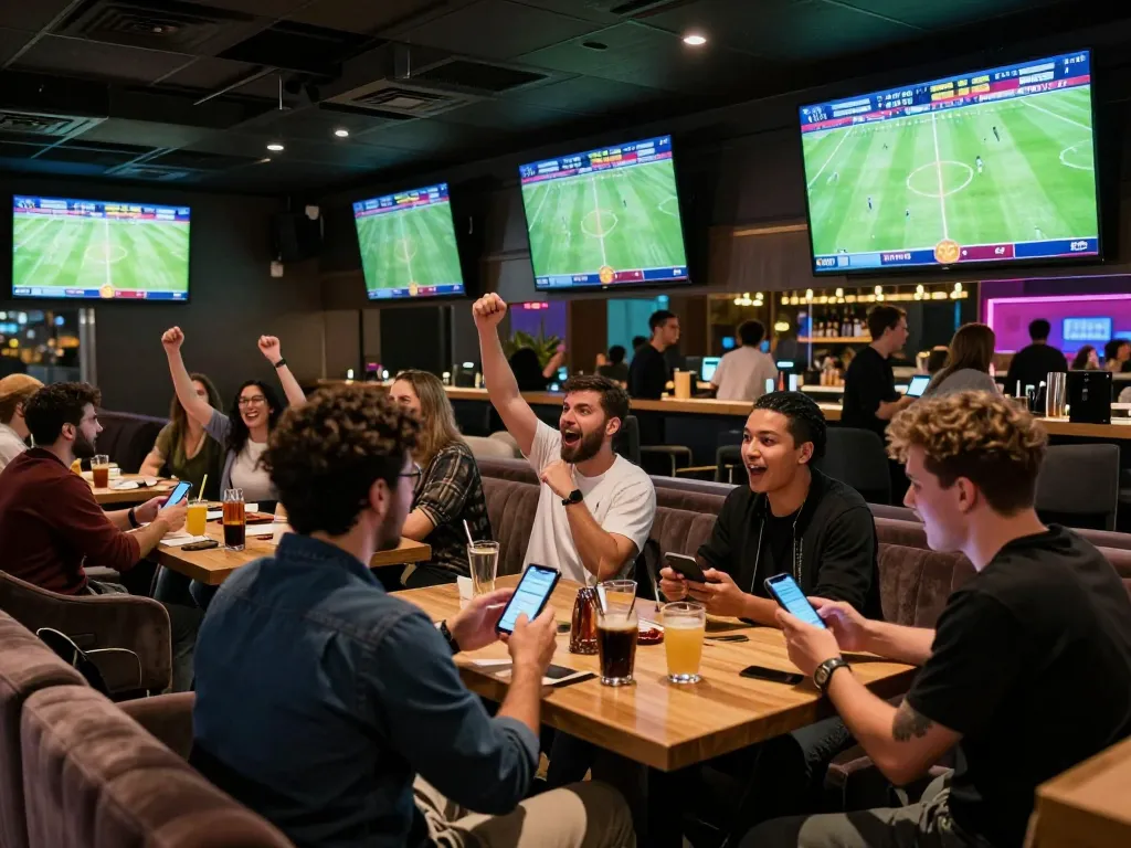 Soi Kèo enthusiasts placing bets in an exciting sports bar environment with live match displays