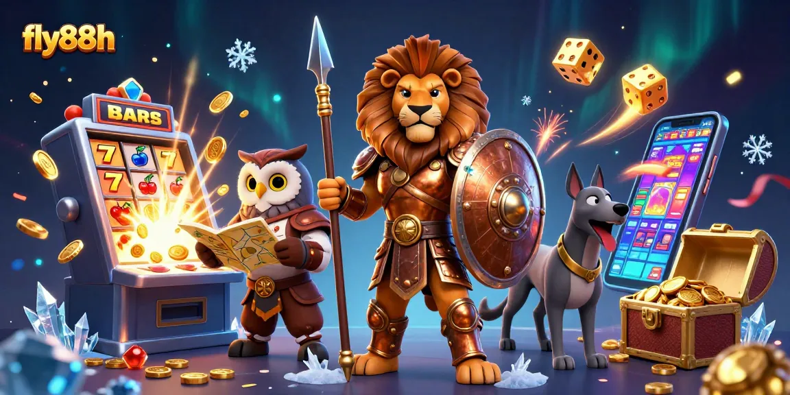 Spin the reels at fly88h with a bronze-armored lion champion amidst a jackpot explosion.