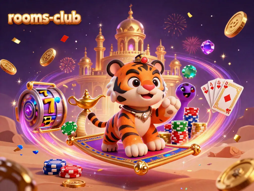 Permainan slot yang menarik dengan rooms-club, ribuan koin emas dan bermacam chip poker berkilauan.