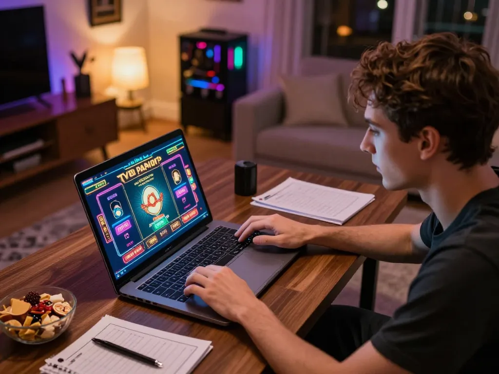 Engage in thrilling LV88 online casino gaming with vibrant decor and strategy notes in a cozy setting
