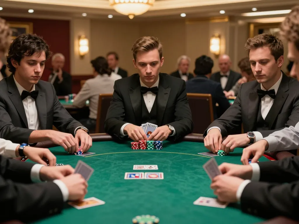Players strategically placing bets at a go8 poker table, showcasing high-stakes casino atmosphere