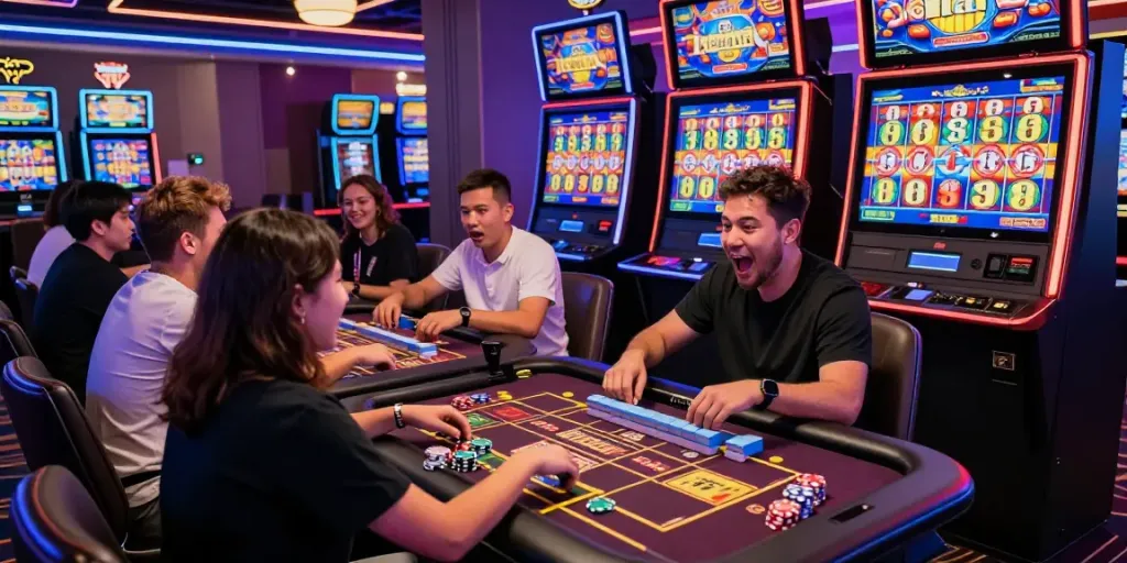 Pemain menikmati mahjong slot dengan ekspresi ceria dan suasana kasino yang energik.