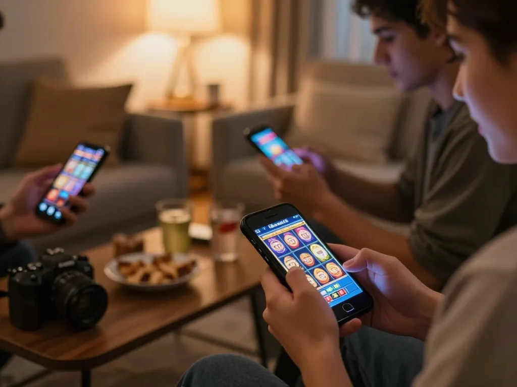 Players enjoying an exciting online slot game on their smartphones in a cozy living room setting.