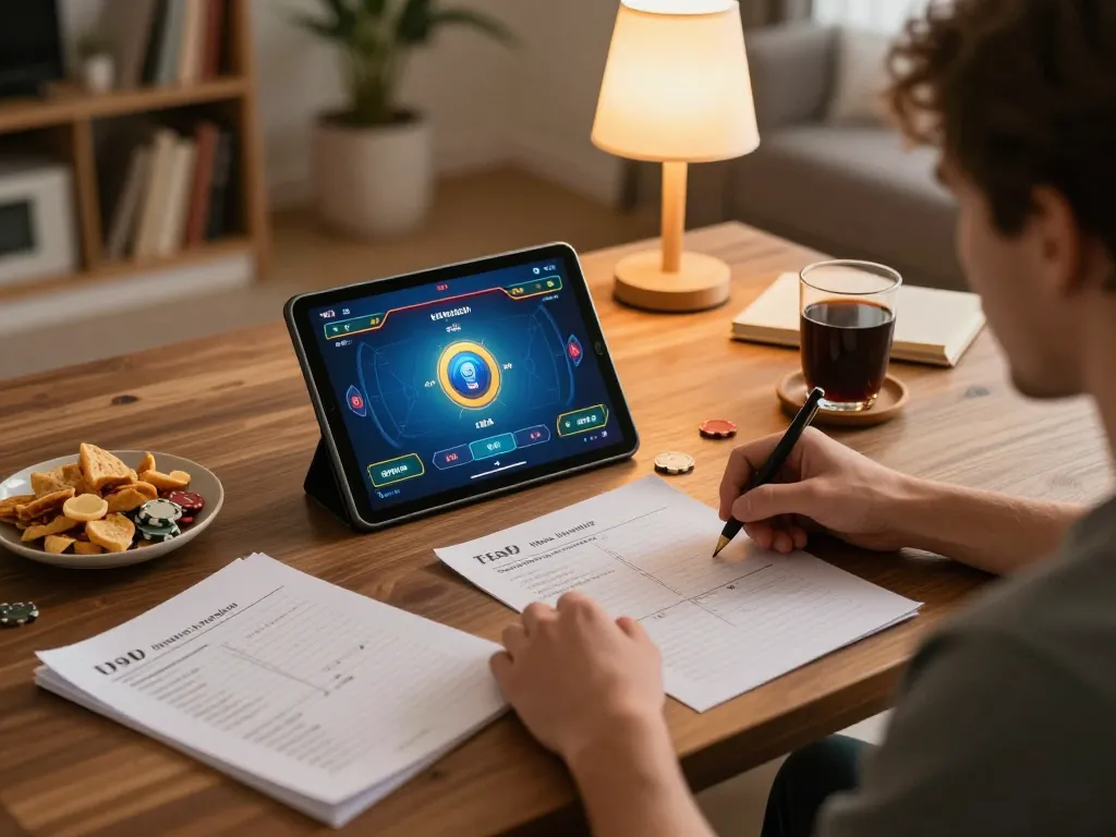 Engaged player enjoying sun win online poker game on a tablet with strategy notes.
