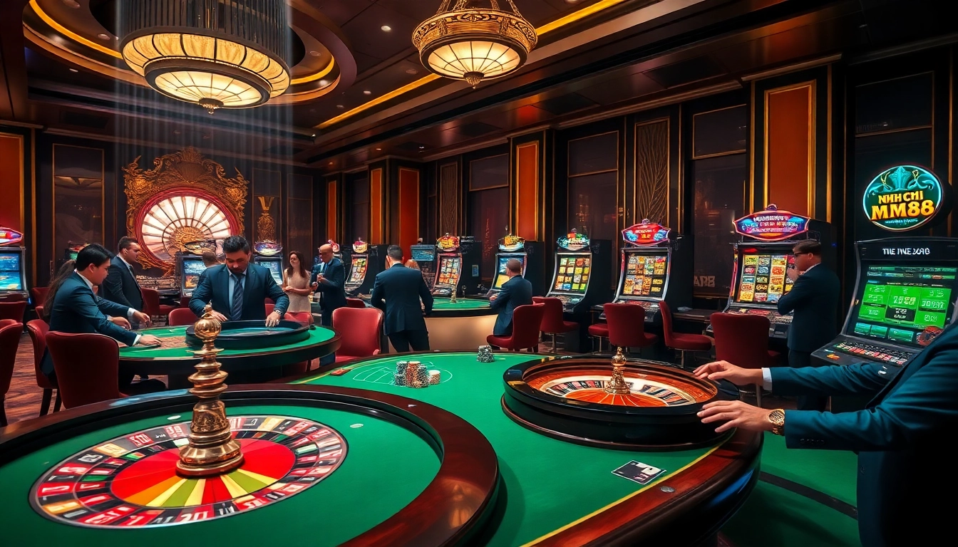 Experience the excitement of NHÀ CÁI MM88 with vibrant casino tables and enthusiastic players.