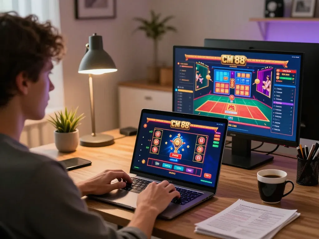 Engaged player exploring cm 88 casino games on a laptop in a cozy home setup.