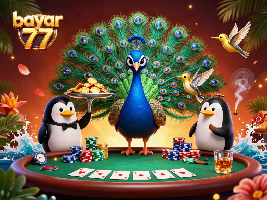 Experience seamless gaming with bayar 77 at a vibrant poker table, featuring playful characters.