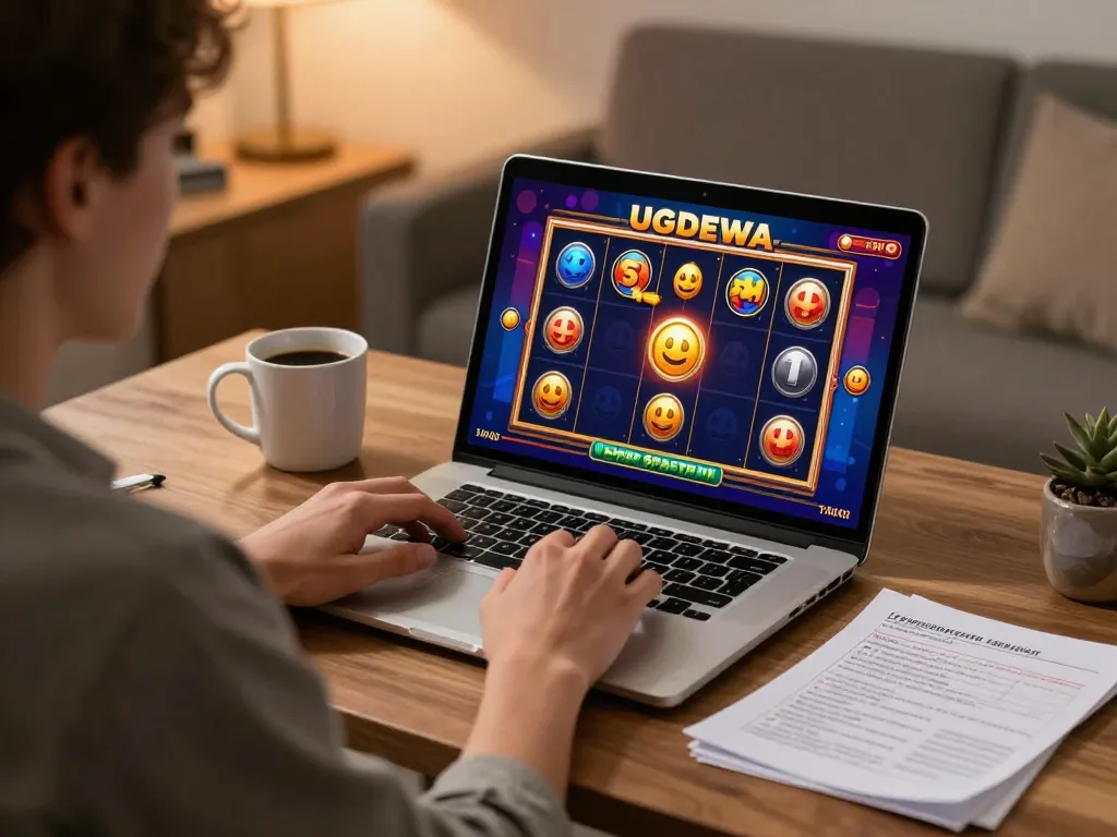 Engaging gameplay on UGDEWA slot game with vibrant graphics in cozy home setting.
