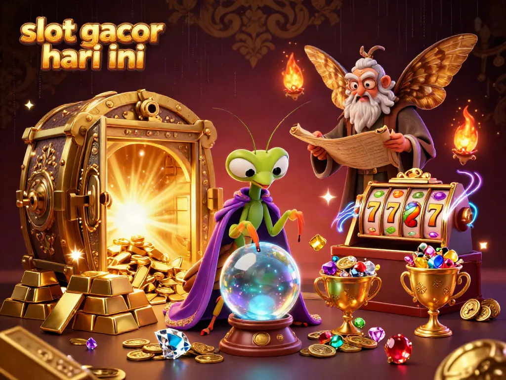Menang besar dengan slot gacor hari ini, ditampilkan melalui ilustrasi kepiting pemuja dan harta karun.