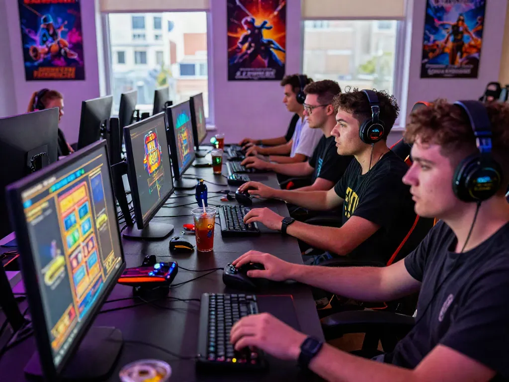 Engaged players enjoying online slot gaming with vibrant visuals and snacks.