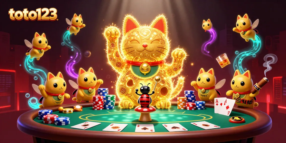 Engage with toto123 as golden fireflies form a lucky cat amid vibrant casino elements.