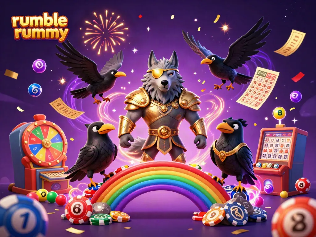 Experience exciting gameplay with rumble rummy in this vibrant casino-themed 3D digital illustration.