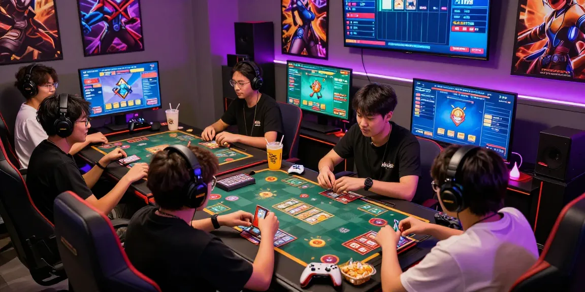 Dynamic gaming session at https://gamebaidoithuong.is/ with players engaging in card games surrounded by vibrant game interfaces and neon lights.