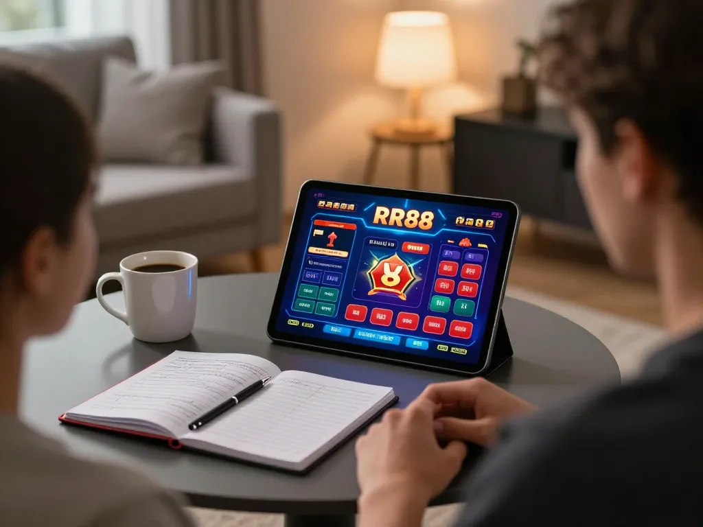 Person engaged in online gaming at home using the RR88 casino app on a tablet.