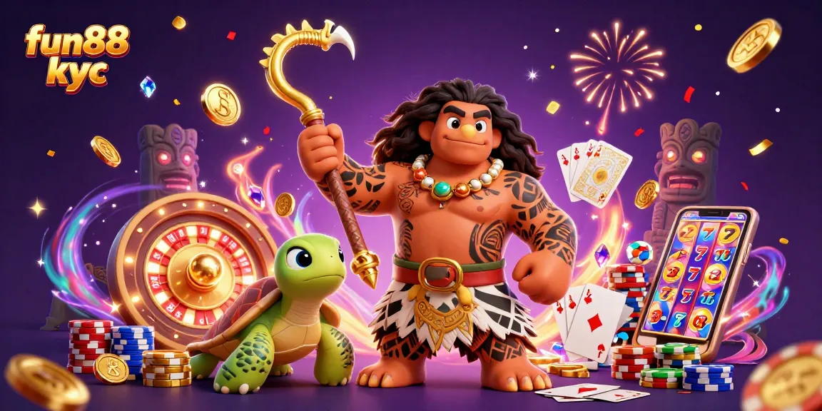 Trải nghiệm hấp dẫn tại fun88 kyc với nhân vật hoạt hình 3D, tiền xu vàng và các trò chơi cá cược.