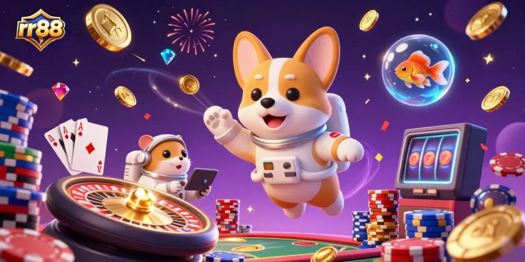 Engaging illustration of a floating corgi astronaut in a casino setting, featuring rr88 elements like poker chips and golden coins.