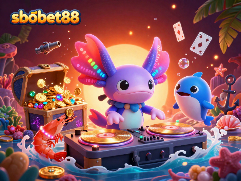 Sbobet88 engages players with vibrant underwater gaming elements featuring an axolotl DJ and colorful gems.