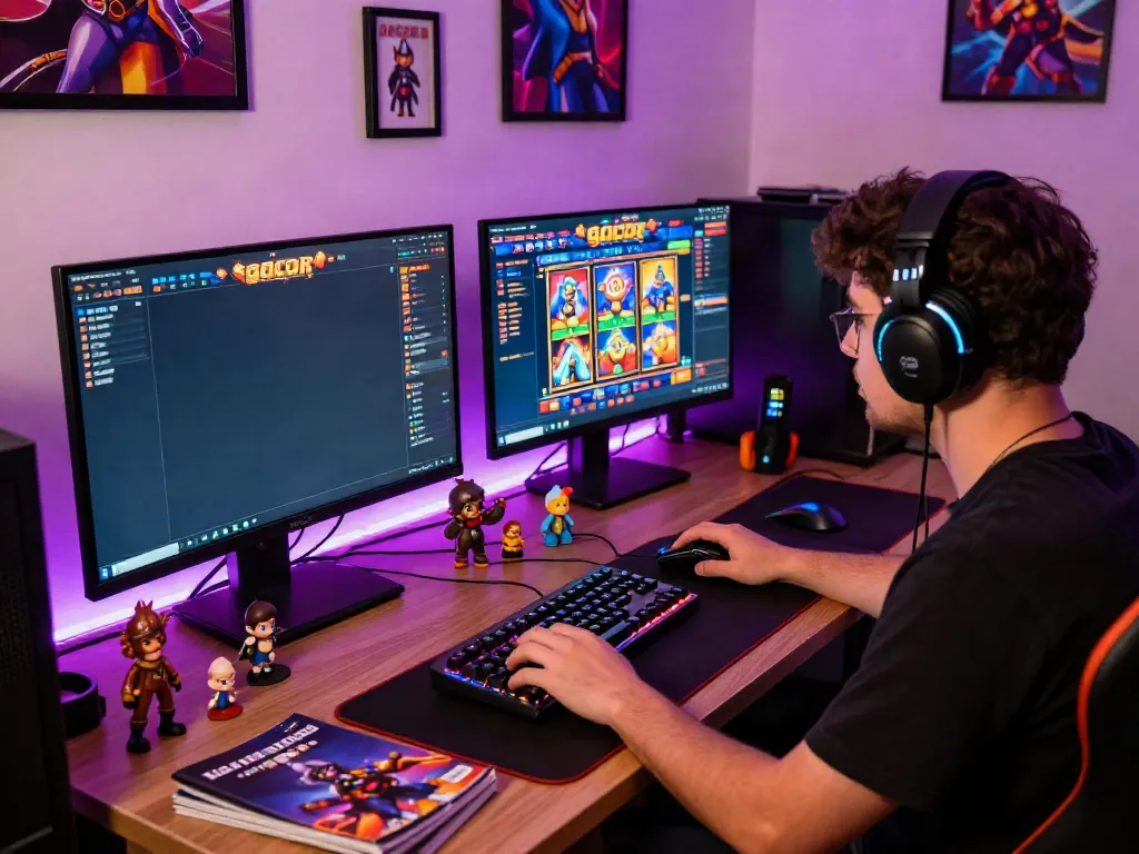 Engaged player enjoying SLOT GACOR game in a vibrant gaming setup.