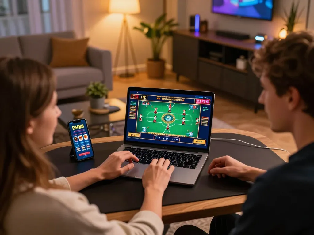 Player enjoying DH88 live dealer game on laptop with smartphone, showcasing online casino excitement.