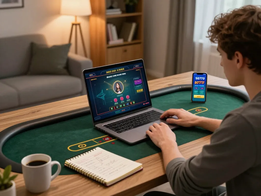 Player engaged in SG777 online casino gaming, showcasing laptop gameplay and smartphone app.