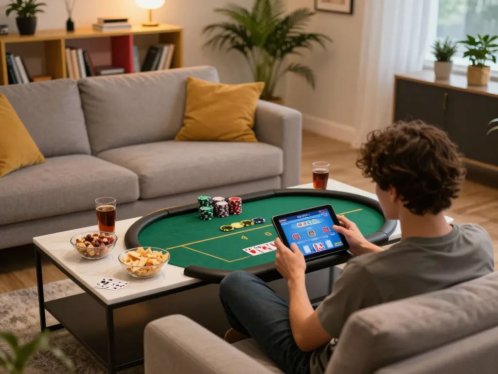 Sunwin player enjoying an online poker game on a cozy couch with snacks and tablet.