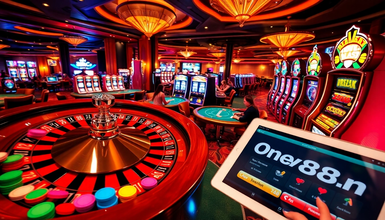 Experience the thrill of gaming on onew88.com with vibrant casino scenes featuring roulette and cards.
