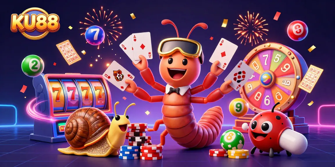 Experience thrilling gameplay at KU88 casino with a vibrant 3D illustration of a cartoon dealer and gaming elements.