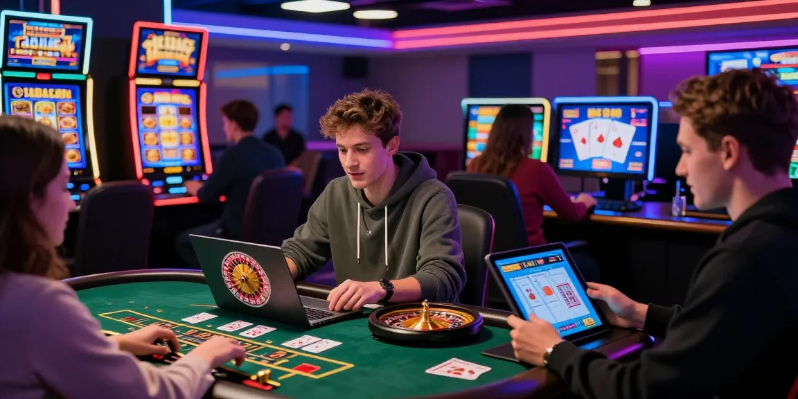 Dynamic online casino gaming scene at https://dsam.org.uk with players engaged in roulette and blackjack games, showcasing vibrant atmosphere and technology.