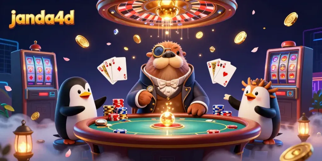 Permainan kartu poker di bawah laut, walrus ceria, dealer penguin, dan ikan puffers, janda4d