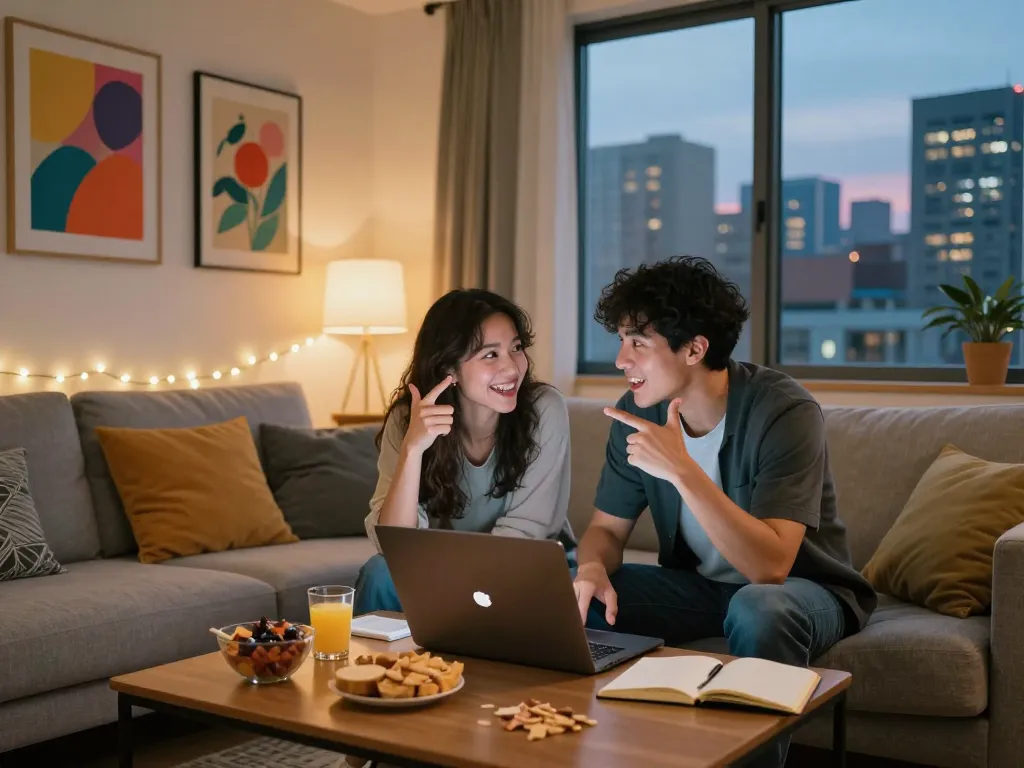 Couple enjoying NSFW AI chat together in a cozy apartment scene.