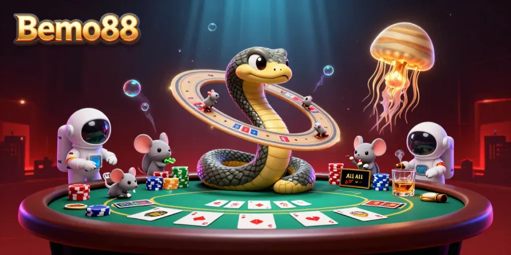Experience Bemo88's vibrant casino scene with a cosmic-themed gambling setup featuring unique characters and vibrant elements.
