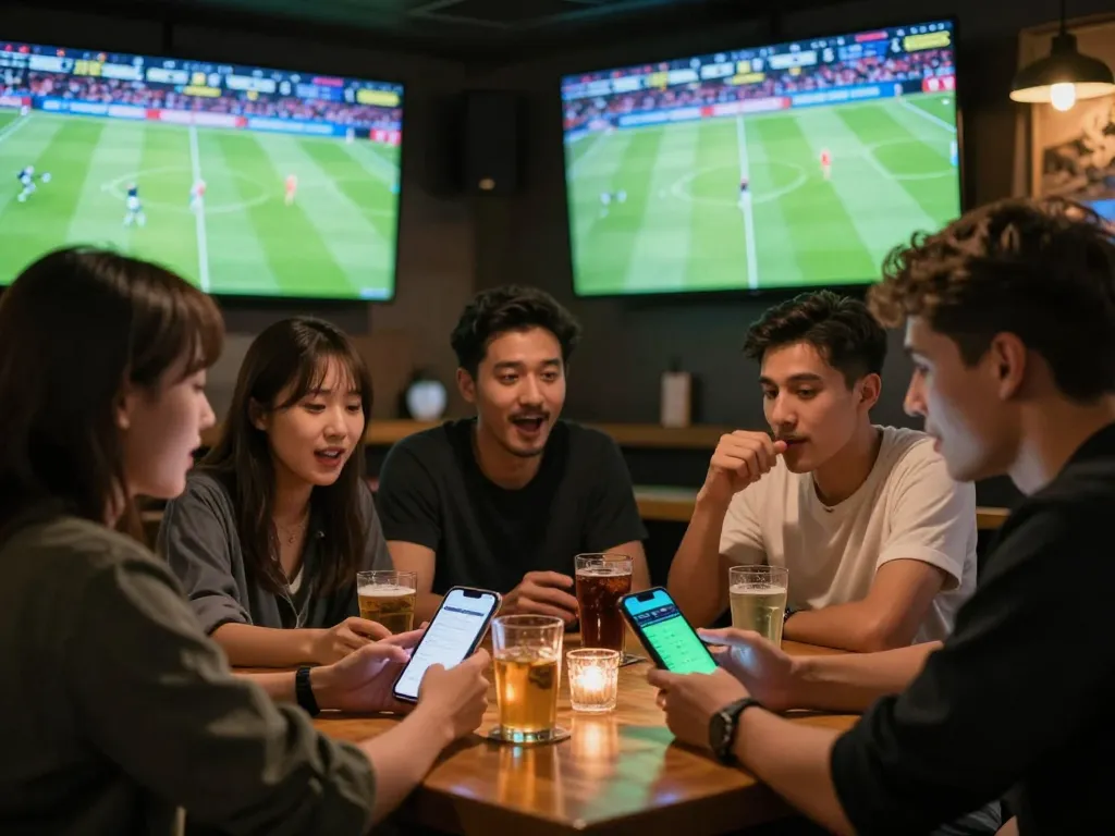 KÈO TRỰC TUYẾN action at a sports bar with friends engaged in live betting excitement.